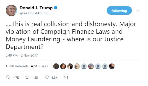 2017-11-02-20_51_44-Donald-J.-Trump-on-Twitter_-_....This-is-real-collusion-and-dishonesty.-Major-vi Trump Throws Massive Thursday Night Tantrum On Twitter Like A Little Rich Kid Donald Trump Featured Hillary Clinton Politics Social Media Top Stories 