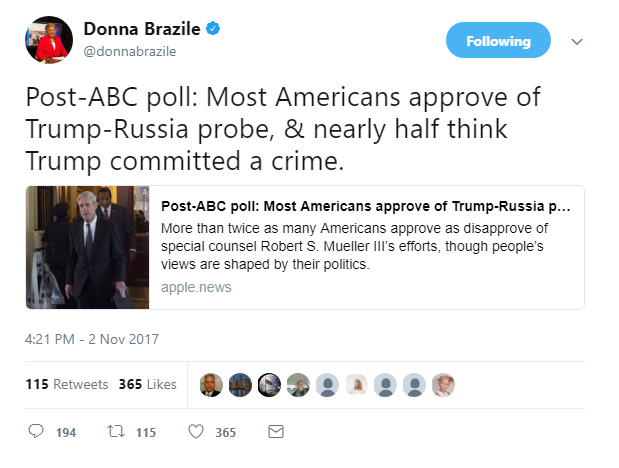 2017-11-02-21_04_22-Donna-Brazile-on-Twitter_-_Post-ABC-poll_-Most-Americans-approve-of-Trump-Russia Trump Throws Massive Thursday Night Tantrum On Twitter Like A Little Rich Kid Donald Trump Featured Hillary Clinton Politics Social Media Top Stories 