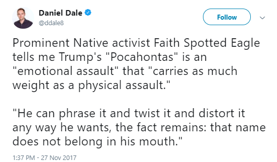 dale-one Native Americans Leaders Just Responded To Trump's Monday Racial Slur Against Them Activism Donald Trump Politics Racism Social Media Top Stories 
