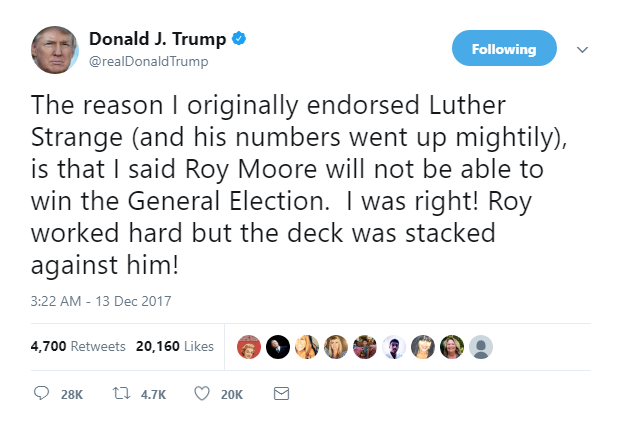 2017-12-13-07_52_46-Donald-J.-Trump-on-Twitter_-_The-reason-I-originally-endorsed-Luther-Strange-an Trump Responds To Roy Moore Loss With Epic 3AM Rage-Tweet Like An Overgrown Brat Donald Trump Featured Politics Social Media Top Stories 