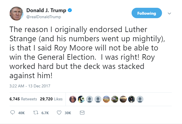 2017-12-13-08_58_22-Donald-J.-Trump-on-Twitter_-_The-reason-I-originally-endorsed-Luther-Strange-an NY Daily News Trolls Trump's Roy Moore Loss With Cover Photo That Has Donald Reeling Donald Trump Featured Politics Top Stories 