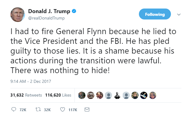 2017-12-21-12_30_47-Donald-J.-Trump-on-Twitter_-_I-had-to-fire-General-Flynn-because-he-lied-to-the- Robert Mueller Bombshell Makes Trump Obstruction Of Justice A Real Possibility Corruption Crime Donald Trump Featured Politics Top Stories 