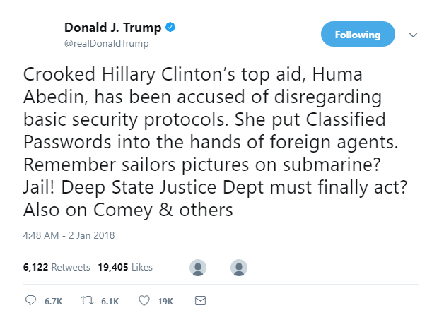 2018-01-02-08_21_41-Donald-J.-Trump-on-Twitter_-_Crooked-Hillary-Clinton’s-top-aid-Huma-Abedin-has Trump Wakes Up & Tweets Huma & Comey Prosecution Announcement Like A Madman Conspiracy Theory Donald Trump Featured Hillary Clinton Politics Social Media Top Stories 