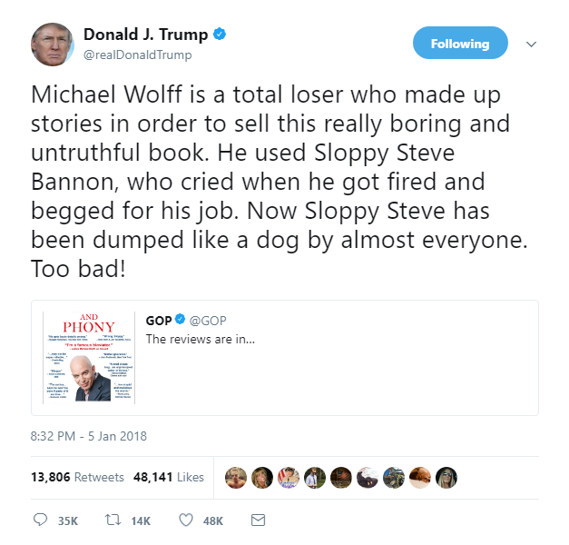 2018-01-06-08_01_41-Donald-J.-Trump-on-Twitter_-_Michael-Wolff-is-a-total-loser-who-made-up-stories- Trump Has A Live Mental Health Collapse In Twitter Rant That Could End A Presidency Donald Trump Featured Politics Social Media Top Stories 