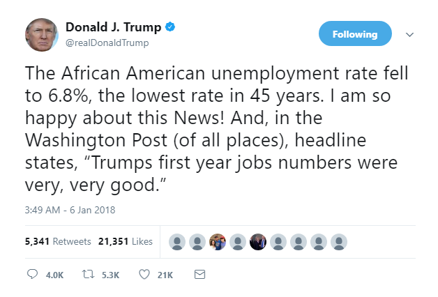 2018-01-06-08_02_05-Donald-J.-Trump-on-Twitter_-_The-African-American-unemployment-rate-fell-to-6.8 Trump Has A Live Mental Health Collapse In Twitter Rant That Could End A Presidency Donald Trump Featured Politics Social Media Top Stories 