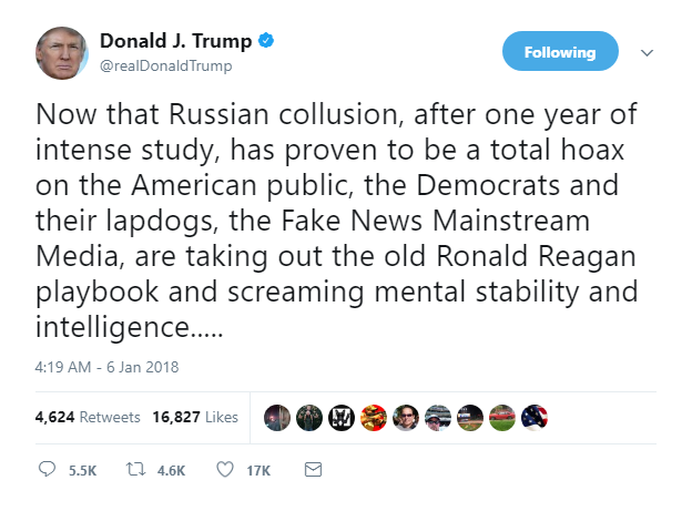 2018-01-06-08_02_58-Donald-J.-Trump-on-Twitter_-_Now-that-Russian-collusion-after-one-year-of-inten Trump Has A Live Mental Health Collapse In Twitter Rant That Could End A Presidency Donald Trump Featured Politics Social Media Top Stories 