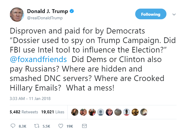 2018-01-11-07_51_04-Donald-J.-Trump-on-Twitter_-_Disproven-and-paid-for-by-Democrats-“Dossier-used-t Trump Goes On Pre-Dawn Rager About FBI Influencing Election Like A Mental Case Donald Trump Featured Politics Social Media Top Stories 