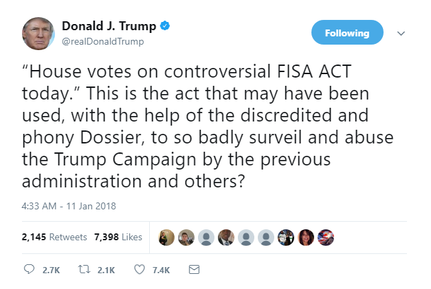 2018-01-11-07_51_51-Donald-J.-Trump-on-Twitter_-_“House-votes-on-controversial-FISA-ACT-today.”-This Trump Goes On Pre-Dawn Rager About FBI Influencing Election Like A Mental Case Donald Trump Featured Politics Social Media Top Stories 