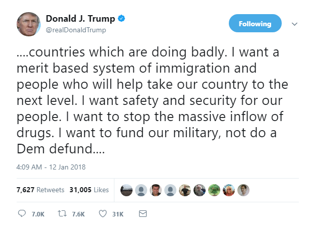 2018-01-12-08_39_46-Donald-J.-Trump-on-Twitter_-_....countries-which-are-doing-badly.-I-want-a-merit Trump Flies Into 6-Tweet Rant About 'Sh*thole' Comments - Doubles Down On Disrespect Donald Trump Featured Immigration Politics Social Media Top Stories 