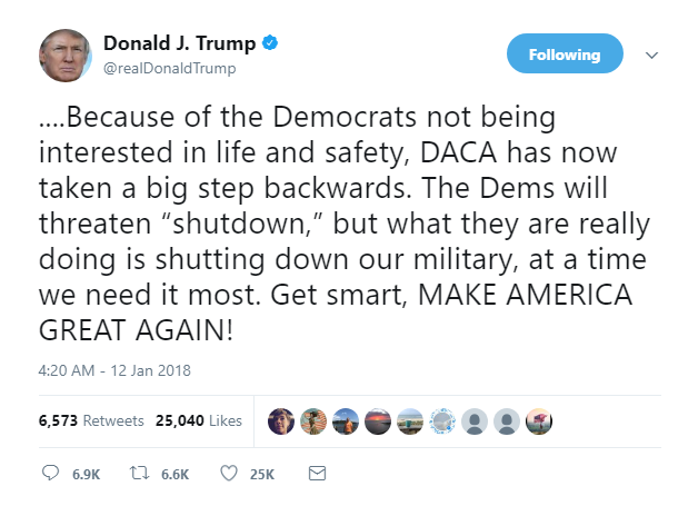2018-01-12-08_40_07-Donald-J.-Trump-on-Twitter_-_....Because-of-the-Democrats-not-being-interested-i Trump Flies Into 6-Tweet Rant About 'Sh*thole' Comments - Doubles Down On Disrespect Donald Trump Featured Immigration Politics Social Media Top Stories 