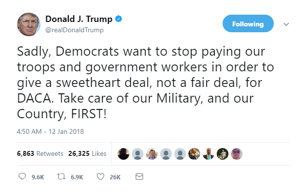 2018-01-12-08_40_54-Donald-J.-Trump-on-Twitter_-_Sadly-Democrats-want-to-stop-paying-our-troops-and Trump Flies Into 6-Tweet Rant About 'Sh*thole' Comments - Doubles Down On Disrespect Donald Trump Featured Immigration Politics Social Media Top Stories 