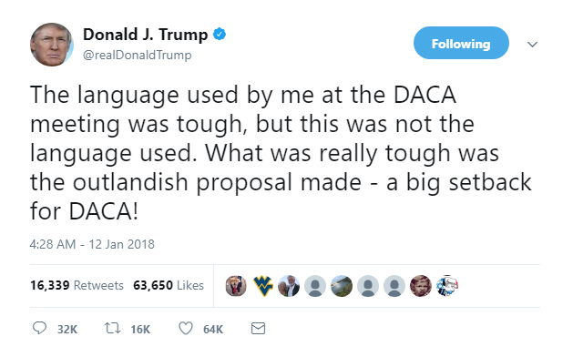 2018-01-12-14_55_03-Donald-J.-Trump-on-Twitter_-_The-language-used-by-me-at-the-DACA-meeting-was-tou Lindsey Graham Issues Public Statement After Witnessing Trump's 'Sh*thole' Comments Donald Trump Featured Immigration Politics Racism Top Stories 