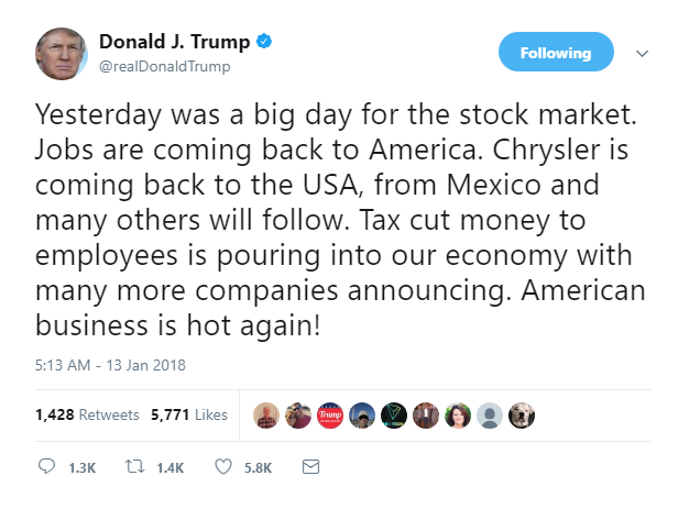 2018-01-13-08_19_22-Donald-J.-Trump-on-Twitter_-_Yesterday-was-a-big-day-for-the-stock-market.-Jobs- Trump Flies Into Manic Twitter Rant To Deflect From "Sh*thole" And Stormy Daniels Donald Trump Economy Featured Politics Social Media Top Stories 