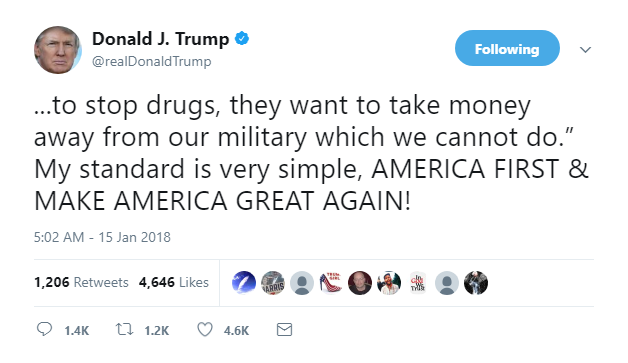 2018-01-15-08_07_05-Donald-J.-Trump-on-Twitter_-_...to-stop-drugs-they-want-to-take-money-away-from Trump Wakes In 5AM Panic To Wage War With Dems On Twitter Like A Guy Going To Prison Donald Trump Featured Immigration Politics Racism Social Media Top Stories 