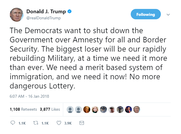 2018-01-16-09_10_36-Donald-J.-Trump-on-Twitter_-_The-Democrats-want-to-shut-down-the-Government-over Trump Goes On Desperate 5-Tweet Mega Rant As Approval Ratings Plummet Hard Donald Trump Featured Immigration Politics Racism Social Media Top Stories 