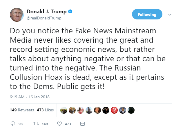 2018-01-16-09_20_40-Donald-J.-Trump-on-Twitter_-_Do-you-notice-the-Fake-News-Mainstream-Media-never- Trump Goes On Desperate 5-Tweet Mega Rant As Approval Ratings Plummet Hard Donald Trump Featured Immigration Politics Racism Social Media Top Stories 