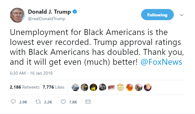 2018-01-16-09_38_20-Donald-J.-Trump-on-Twitter_-_Unemployment-for-Black-Americans-is-the-lowest-ever Trump Goes On Desperate 5-Tweet Mega Rant As Approval Ratings Plummet Hard Donald Trump Featured Immigration Politics Racism Social Media Top Stories 