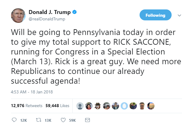 2018-01-18-15_33_05-Donald-J.-Trump-on-Twitter_-_Will-be-going-to-Pennsylvania-today-in-order-to-giv Trump Takes Stage In PA, Strangely Squints Eyes; & Flies Into A Nonsensical 'Old-Man' Rant Domestic Policy Donald Trump Featured Immigration Politics Top Stories Videos 