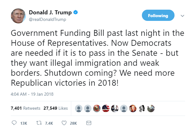 2018-01-19-08_24_45-Donald-J.-Trump-on-Twitter_-_Government-Funding-Bill-past-last-night-in-the-Hous Trump Wakes Up, Pauses Fox News & Tweets Warnings At Dems Like A Spoiled Bully Domestic Policy Donald Trump Featured Politics Social Media Top Stories 