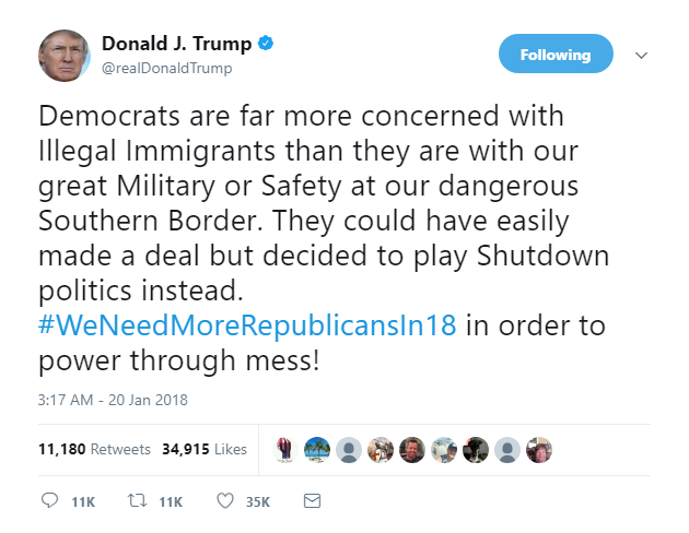 2018-01-20-08_21_14-Donald-J.-Trump-on-Twitter_-_Democrats-are-far-more-concerned-with-Illegal-Immig Trump Goes Into Full Govt Shutdown Freakout Mode On Twitter; Trashes DACA Recipients Donald Trump Featured Politics Social Media Top Stories 