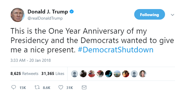 2018-01-20-08_21_39-Donald-J.-Trump-on-Twitter_-_This-is-the-One-Year-Anniversary-of-my-Presidency-a Trump Goes Into Full Govt Shutdown Freakout Mode On Twitter; Trashes DACA Recipients Donald Trump Featured Politics Social Media Top Stories 