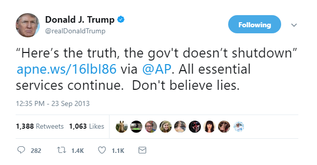 2018-01-20-08_58_05-Donald-J.-Trump-on-Twitter_-_“Here’s-the-truth-the-govt-doesn’t-shutdown”-http Trump Goes Into Full Govt Shutdown Freakout Mode On Twitter; Trashes DACA Recipients Donald Trump Featured Politics Social Media Top Stories 