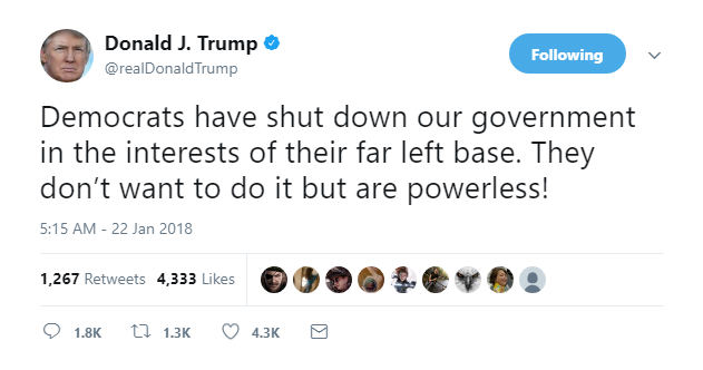 2018-01-22-08_20_03-Donald-J.-Trump-on-Twitter_-_Democrats-have-shut-down-our-government-in-the-inte Trump Goes On Pre-Dawn Twitter Rager Over Shutdown Like A 300lb Spoiled Toddler Donald Trump Featured Immigration Politics Social Media Top Stories 