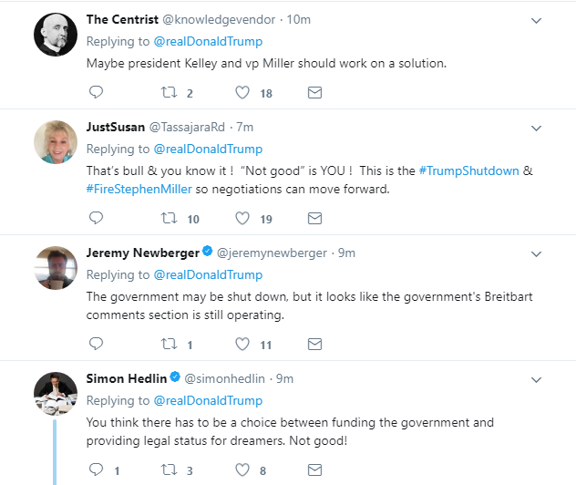 2018-01-22-08_26_24-Donald-J.-Trump-on-Twitter_-_The-Democrats-are-turning-down-services-and-securit Trump Goes On Pre-Dawn Twitter Rager Over Shutdown Like A 300lb Spoiled Toddler Donald Trump Featured Immigration Politics Social Media Top Stories 