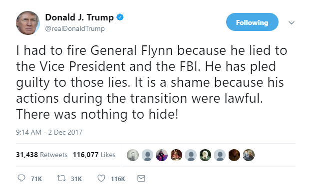2018-01-23-18_33_21-Donald-J.-Trump-on-Twitter_-_I-had-to-fire-General-Flynn-because-he-lied-to-the- BREAKING: WaPost Makes Mueller/Trump Interrogation Announcement & Donald Is Panicked Corruption Donald Trump Featured James Comey Politics Russia Top Stories 