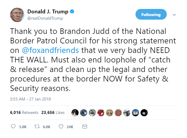 2018-01-27-08_32_41-Donald-J.-Trump-on-Twitter_-_Thank-you-to-Brandon-Judd-of-the-National-Border-Pa Trump Flies Back To U.S., Gets On Twitter, & Begins Writing His Racist Ransom Note Donald Trump Featured Politics Racism Social Media Top Stories 