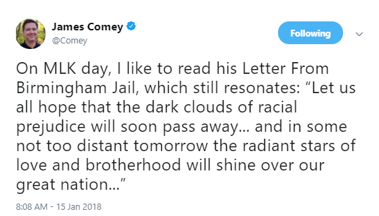 comey-mlk James Comey Just Tweeted An MLK Day Message That Makes Trump Look Like A Punk Donald Trump Politics Social Media Top Stories 