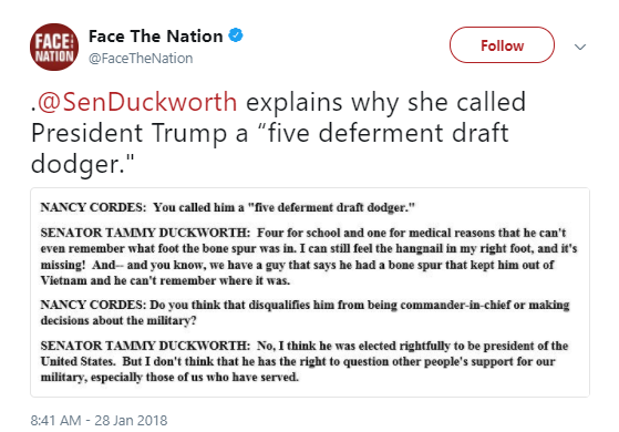 tammy-duckworth War Hero Sen. Duckworth Goes On 'Face The Nation' To Humiliate Trump Like A Patriot Donald Trump Military Politics Top Stories 
