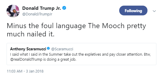trump-mooch Trump Jr. Goes After Bannon's Jugular During Psycho Multi-Tweet Rant Like A Man-Child Donald Trump Politics Social Media Top Stories 