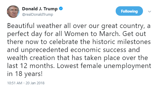 women Trump Goes Full-Phony In Hilarious Rant About The 2018 Women's March Like A Pissant Abortion Donald Trump Politics Social Media Top Stories 