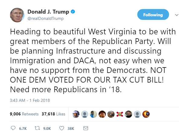 2018-02-01-08_37_51-Donald-J.-Trump-on-Twitter_-_Heading-to-beautiful-West-Virginia-to-be-with-great Trump Goes Off On Spastic 3AM SOTU Rant - Fed Up Americans Respond In Brutal Force Donald Trump Featured Politics Social Media Top Stories 
