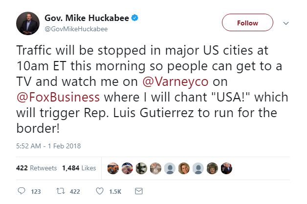 2018-02-01-09_17_28-Gov.-Mike-Huckabee-on-Twitter_-_Traffic-will-be-stopped-in-major-US-cities-at-10 Huckabee Goes Full Racist Against Puerto Rican Rep. Like A Clan Robe-Wearing Bigot Donald Trump Featured Politics Racism Social Media Top Stories 