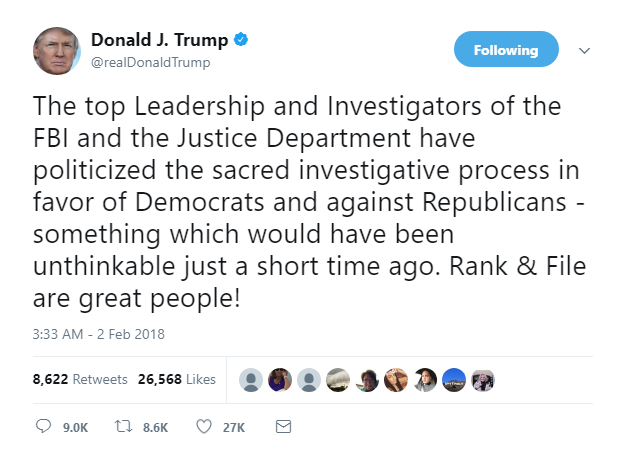 2018-02-02-07_34_17-Donald-J.-Trump-on-Twitter_-_The-top-Leadership-and-Investigators-of-the-FBI-and Trump Tweets Wild Friday AM Accusations Against FBI & DOJ Like A Future Prison Inmate Donald Trump Featured Politics Social Media Top Stories 