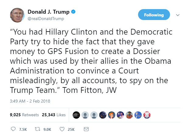2018-02-02-07_34_40-Donald-J.-Trump-on-Twitter_-_“You-had-Hillary-Clinton-and-the-Democratic-Party-t Trump Tweets Wild Friday AM Accusations Against FBI & DOJ Like A Future Prison Inmate Donald Trump Featured Politics Social Media Top Stories 