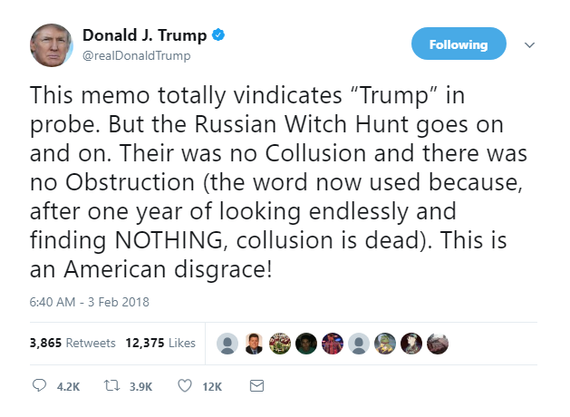 2018-02-03-09_49_32-Donald-J.-Trump-on-Twitter_-_This-memo-totally-vindicates-“Trump”-in-probe.-But- BREAKING: Trump Wakes Up & Tweets Incriminating 'Russia Memo' Statement Like An Idiot Donald Trump Featured Politics Social Media Top Stories 