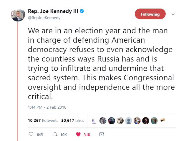2018-02-03-10_29_58-Rep.-Joe-Kennedy-III-on-Twitter_-_We-are-in-an-election-year-and-the-man-in-char Joe Kennedy Tweets At Trump About The 'Russia Memo' Like A Future President Ready To Fight Corruption Donald Trump Foreign Policy Politics Social Media Top Stories 