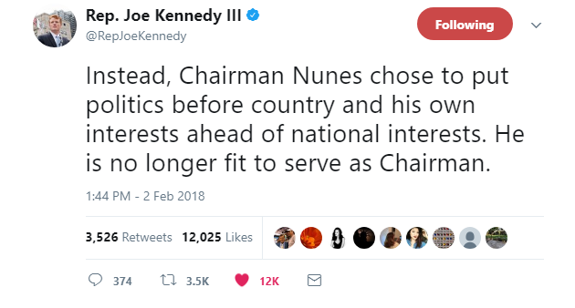 2018-02-03-10_30_25-Rep.-Joe-Kennedy-III-on-Twitter_-_Instead-Chairman-Nunes-chose-to-put-politics- Joe Kennedy Tweets At Trump About The 'Russia Memo' Like A Future President Ready To Fight Corruption Donald Trump Foreign Policy Politics Social Media Top Stories 