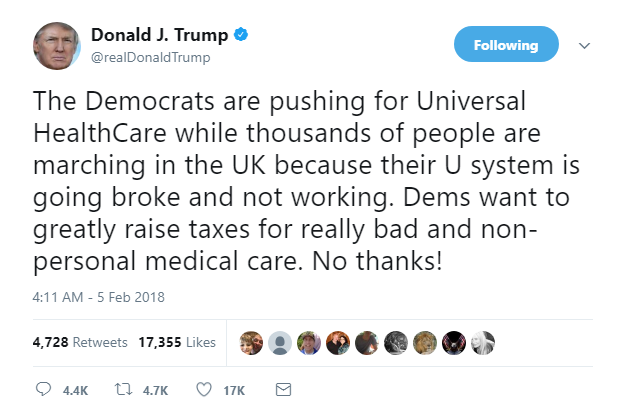 2018-02-05-07_43_02-Donald-J.-Trump-on-Twitter_-_The-Democrats-are-pushing-for-Universal-HealthCare- Trump Tweets Early Morning Lies About The U.K. & Regrets It In 9 Seconds Flat Donald Trump Featured Healthcare Politics Social Media Top Stories 