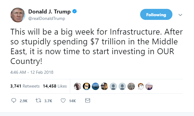 2018-02-12-08_09_18-Donald-J.-Trump-on-Twitter_-_This-will-be-a-big-week-for-Infrastructure.-After-s Trump Makes Mockery Of Opioid Victim In Exploitative 'Fox'-Induced Monday AM Tweet Donald Trump Featured Politics Social Media Top Stories 