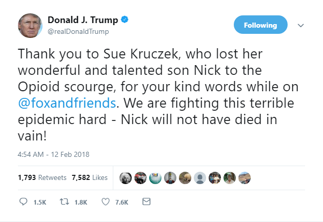 2018-02-12-08_09_41-Donald-J.-Trump-on-Twitter_-_Thank-you-to-Sue-Kruczek-who-lost-her-wonderful-an Trump Makes Mockery Of Opioid Victim In Exploitative 'Fox'-Induced Monday AM Tweet Donald Trump Featured Politics Social Media Top Stories 
