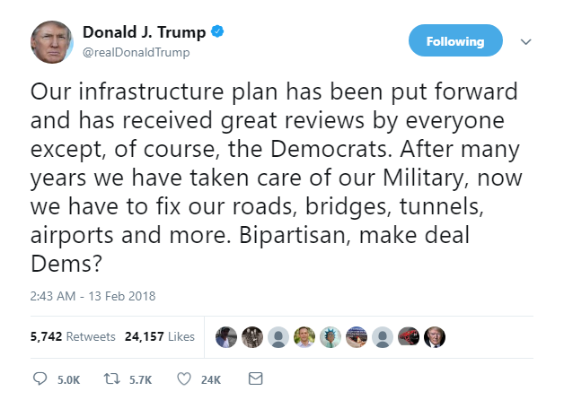 2018-02-13-07_45_59-Donald-J.-Trump-on-Twitter_-_Our-infrastructure-plan-has-been-put-forward-and-ha Trump Woke Up Extra Weird, Got Online, & Tweeted Like A Whiny 8-Year Old Infant Donald Trump Featured Politics Social Media Top Stories 