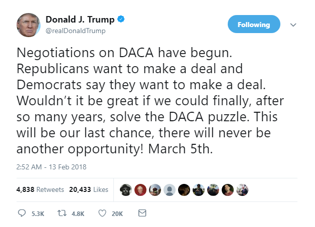 2018-02-13-07_46_21-Donald-J.-Trump-on-Twitter_-_Negotiations-on-DACA-have-begun.-Republicans-want-t Trump Woke Up Extra Weird, Got Online, & Tweeted Like A Whiny 8-Year Old Infant Donald Trump Featured Politics Social Media Top Stories 