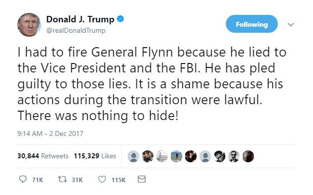 2018-02-14-08_52_02-Donald-J.-Trump-on-Twitter_-_I-had-to-fire-General-Flynn-because-he-lied-to-the- Trump's Lawyer Reveals Stormy Daniels/Hush-Money Bombshell That Has Donald Livid Crime Donald Trump Featured Politics Top Stories 