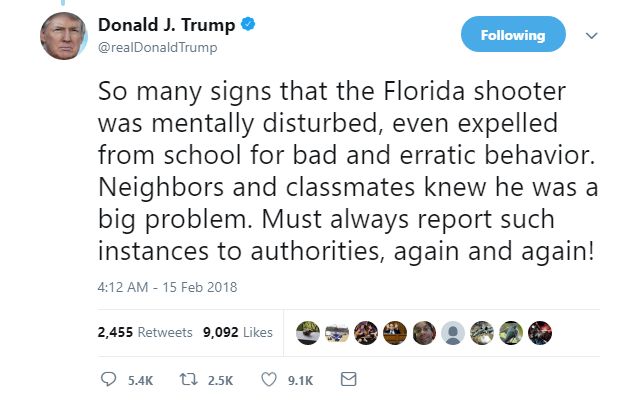 2018-02-15-07_31_06-Donald-J.-Trump-on-Twitter_-_So-many-signs-that-the-Florida-shooter-was-mentally Trump Blames 'Neighbors And Classmates' Of Shooter For Deadly School Rampage Crime Donald Trump Featured Gun Control Politics Social Media Top Stories 