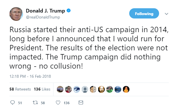 2018-02-16-15_21_01-Donald-J.-Trump-on-Twitter_-_Russia-started-their-anti-US-campaign-in-2014-long Trump Responds To Mueller's Friday Indictment Like A Terrified Future Chain-Ganger Corruption Donald Trump Election 2016 Featured Politics Russia Social Media Top Stories 