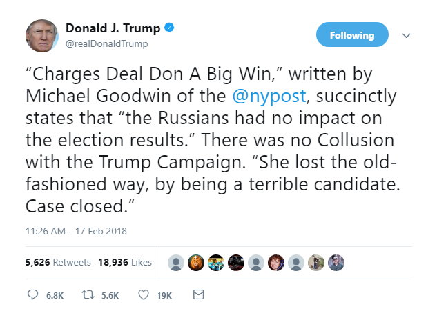 2018-02-17-15_17_48-Donald-J.-Trump-on-Twitter_-_“Charges-Deal-Don-A-Big-Win”-written-by-Michael-Go Trump Pauses Golf & Goes On 5 Tweet Saturday Mega-Rant Like A Lunatic On Weird Drugs Corruption Donald Trump Featured Politics Russia Social Media Top Stories 